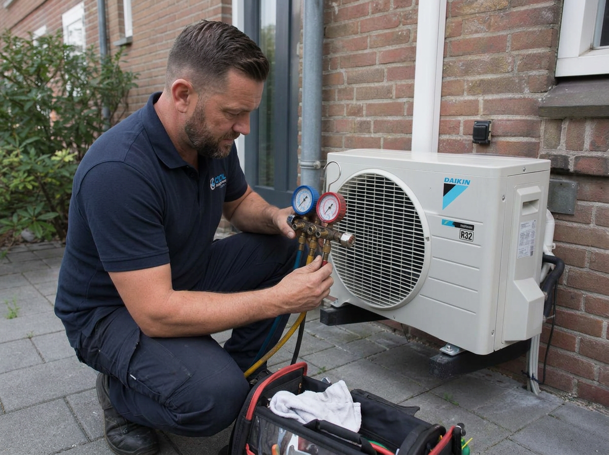 Monteur controleert met een manometerset de buitenunit van een airco aan een gevel